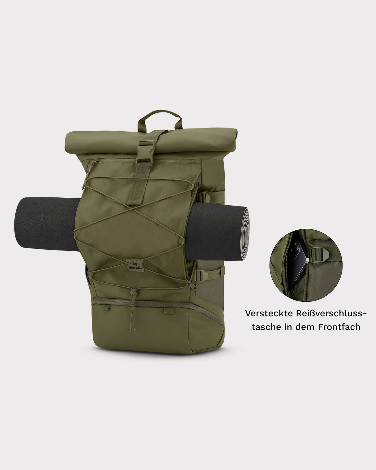 Reiserucksack Allen XL Travel in Oliv mit aufgerollter Matte und versteckter Reißverschlusstasche im Frontfach