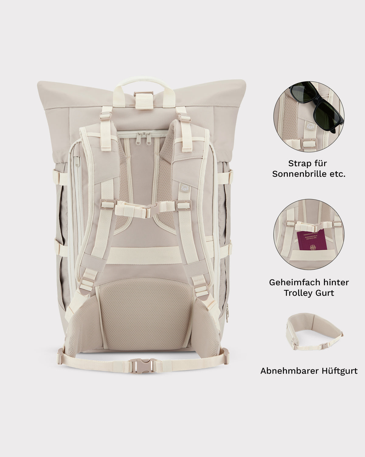 Beiger Damen-Reiserucksack Allen XL Travel mit gepolsterten Rücken- und Schultergurten, Sonnenbrillenhalter, Geheimfach und abnehmbarem Hüftgurt
