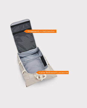 Reiserucksack Allen XL Travel geöffnet mit 4 Netztaschen im Deckelfach und kleiner Reißverschlusstasche innen