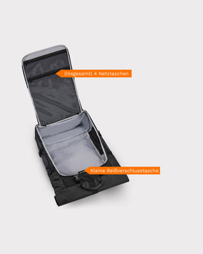 Offener schwarzer Reiserucksack Allen XL Travel mit 4 Netztaschen im Deckel und kleiner Reißverschlusstasche