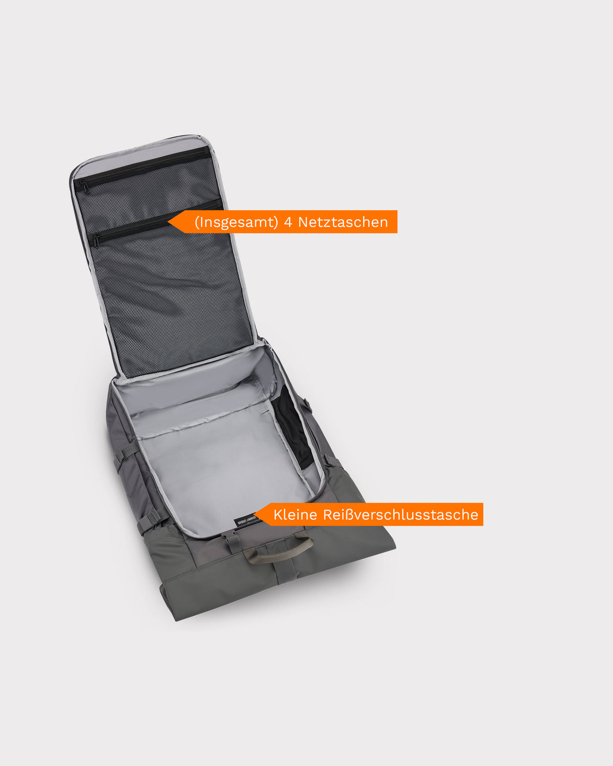 Offener dunkelgrauer Reiserucksack Allen XL Travel mit 4 Netzfächern und einer kleinen Reißverschlusstasche innen