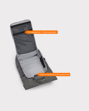 Offener dunkelgrauer Reiserucksack Allen XL Travel mit 4 Netzfächern und einer kleinen Reißverschlusstasche innen