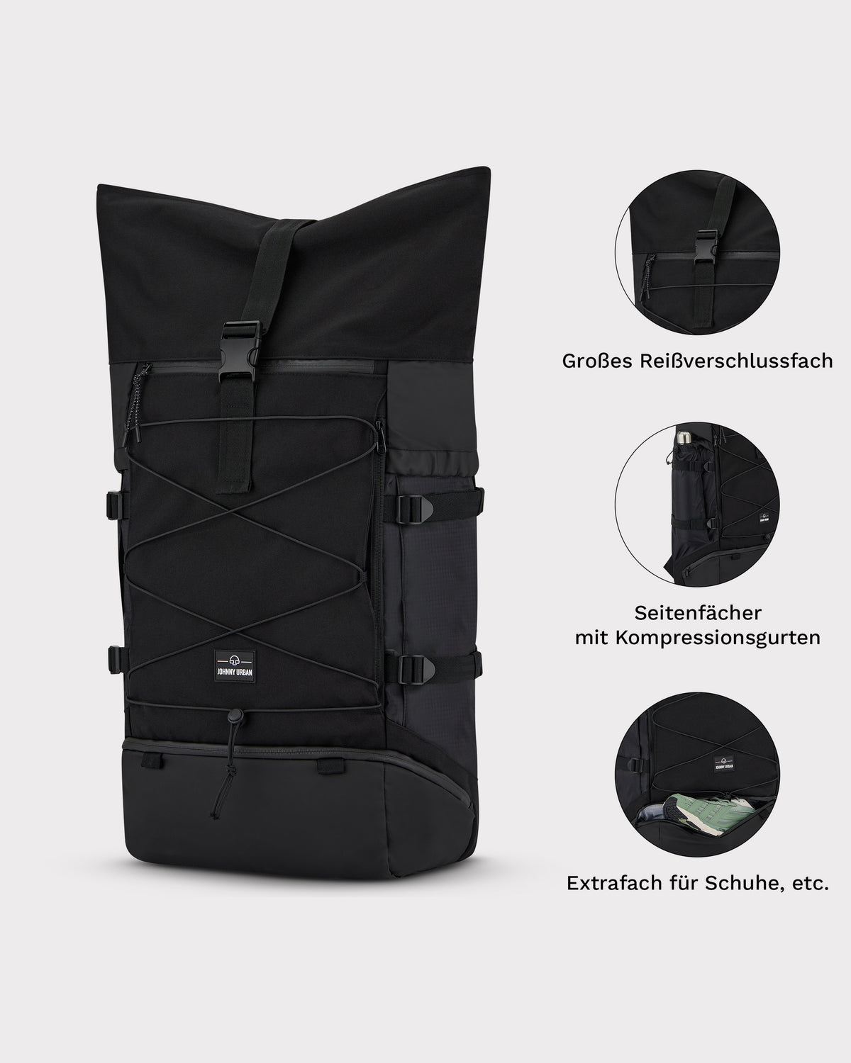 Großer schwarzer Reiserucksack Johnny Urban Allen XL Travel mit Reißverschlussfach, Seitenfächern mit Kompressionsgurten und Schuhfach