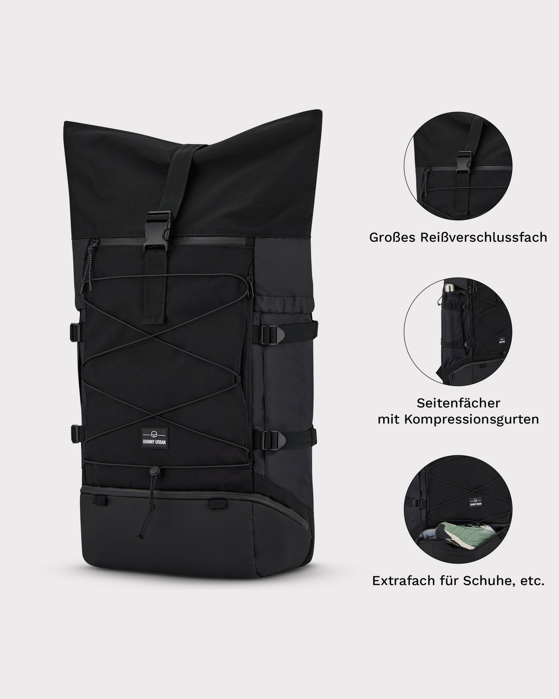 Großer schwarzer Reiserucksack Johnny Urban Allen XL Travel mit Reißverschlussfach, Seitenfächern mit Kompressionsgurten und Schuhfach