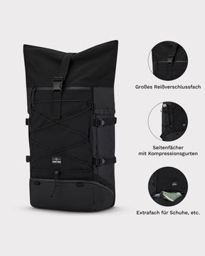 Großer schwarzer Reiserucksack Johnny Urban Allen XL Travel mit Reißverschlussfach, Seitenfächern mit Kompressionsgurten und Schuhfach