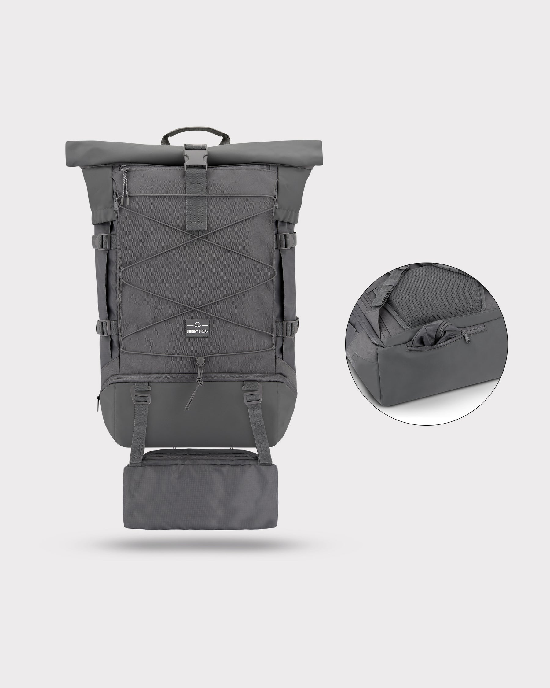 Dunkelgrauer Johnny Urban Reiserucksack Allen XL Travel mit zusätzlicher Tasche unten und vorderer Kordel