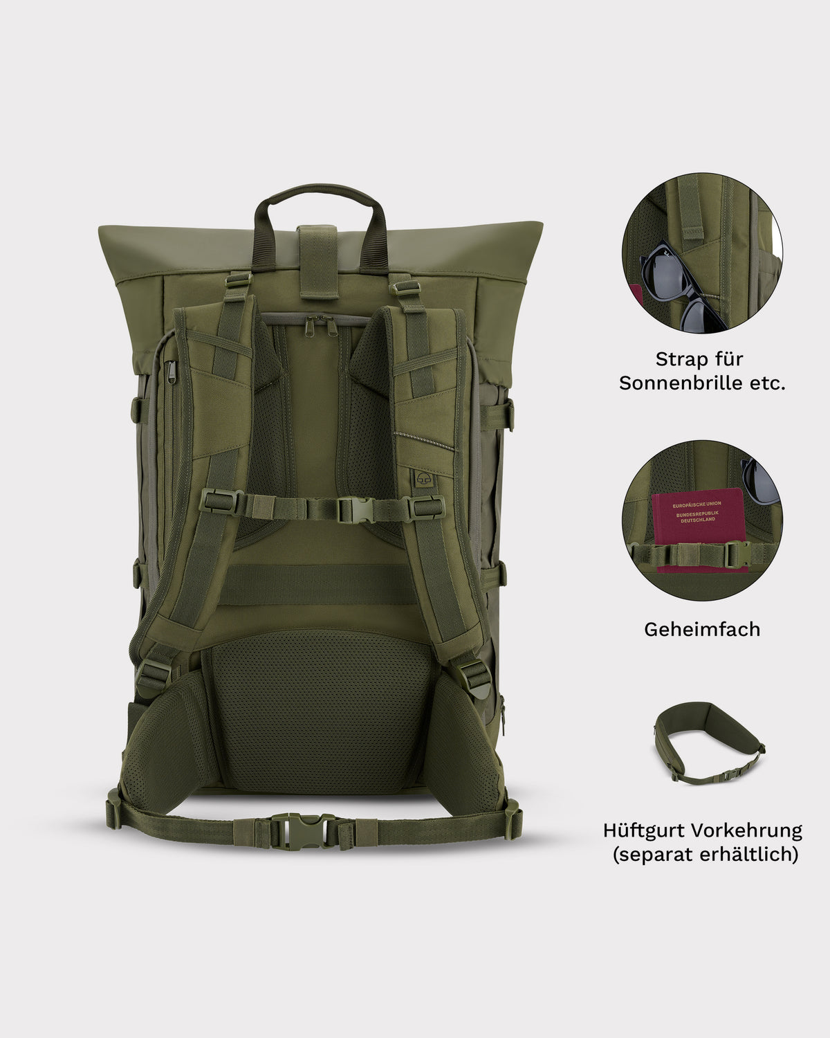 Rückansicht des olivgrünen Reiserucksacks 'Allen Large Travel' mit gepolsterten Schulterriemen, Geheimfach und optionalem Hüftgurt.