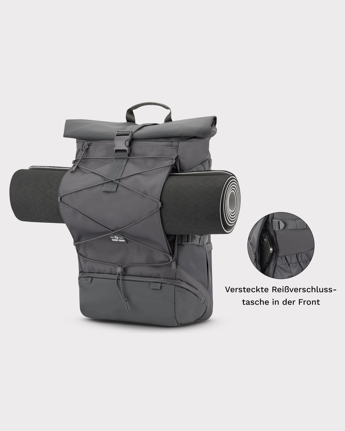 Reiserucksack Allen Large Travel in dunklem Grau mit aufgerollter Matte und versteckter Reißverschlusstasche vorne