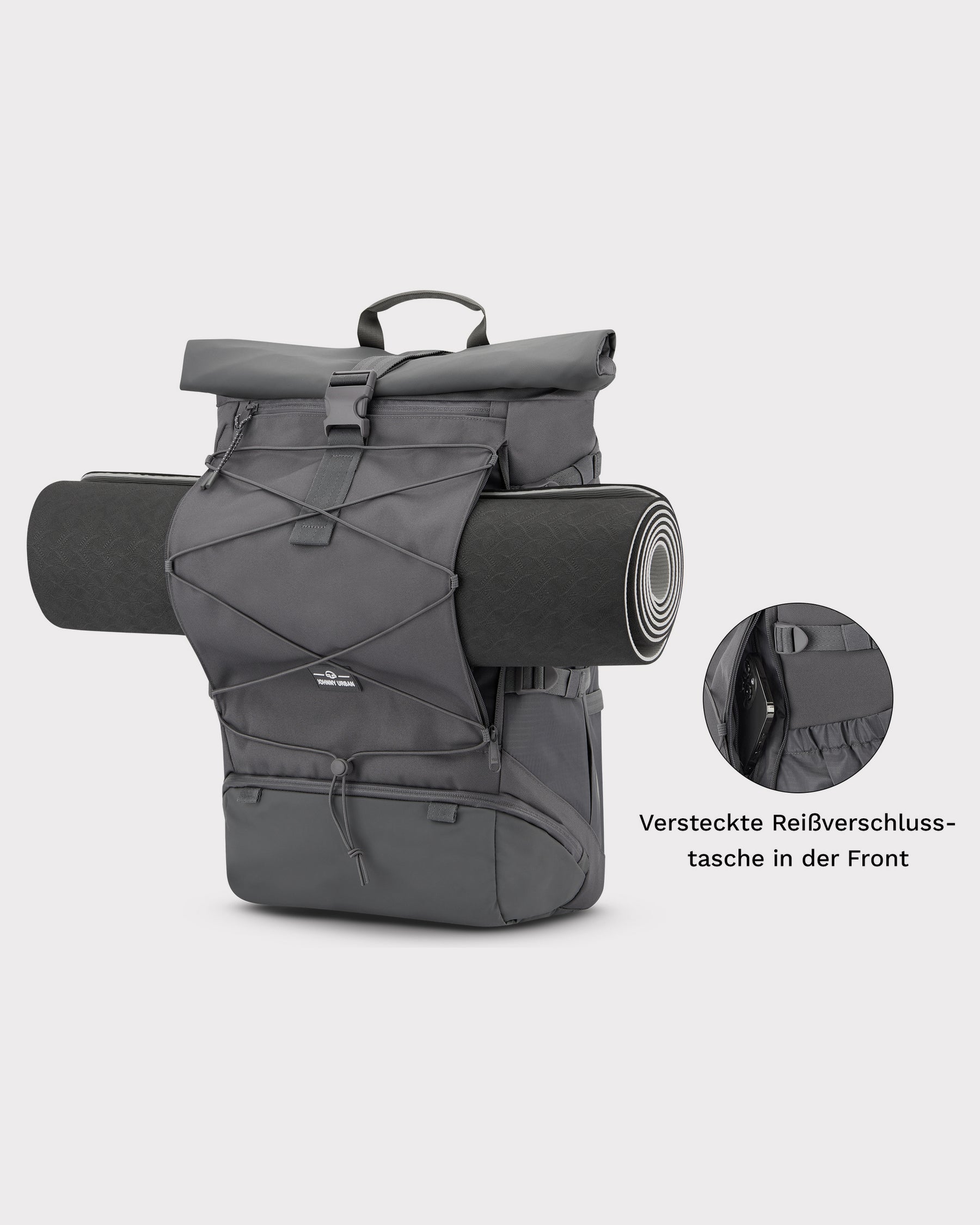 Reiserucksack Allen Large Travel in dunklem Grau mit aufgerollter Matte und versteckter Reißverschlusstasche vorne