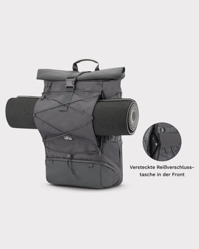 Reiserucksack Allen Large Travel in dunklem Grau mit aufgerollter Matte und versteckter Reißverschlusstasche vorne