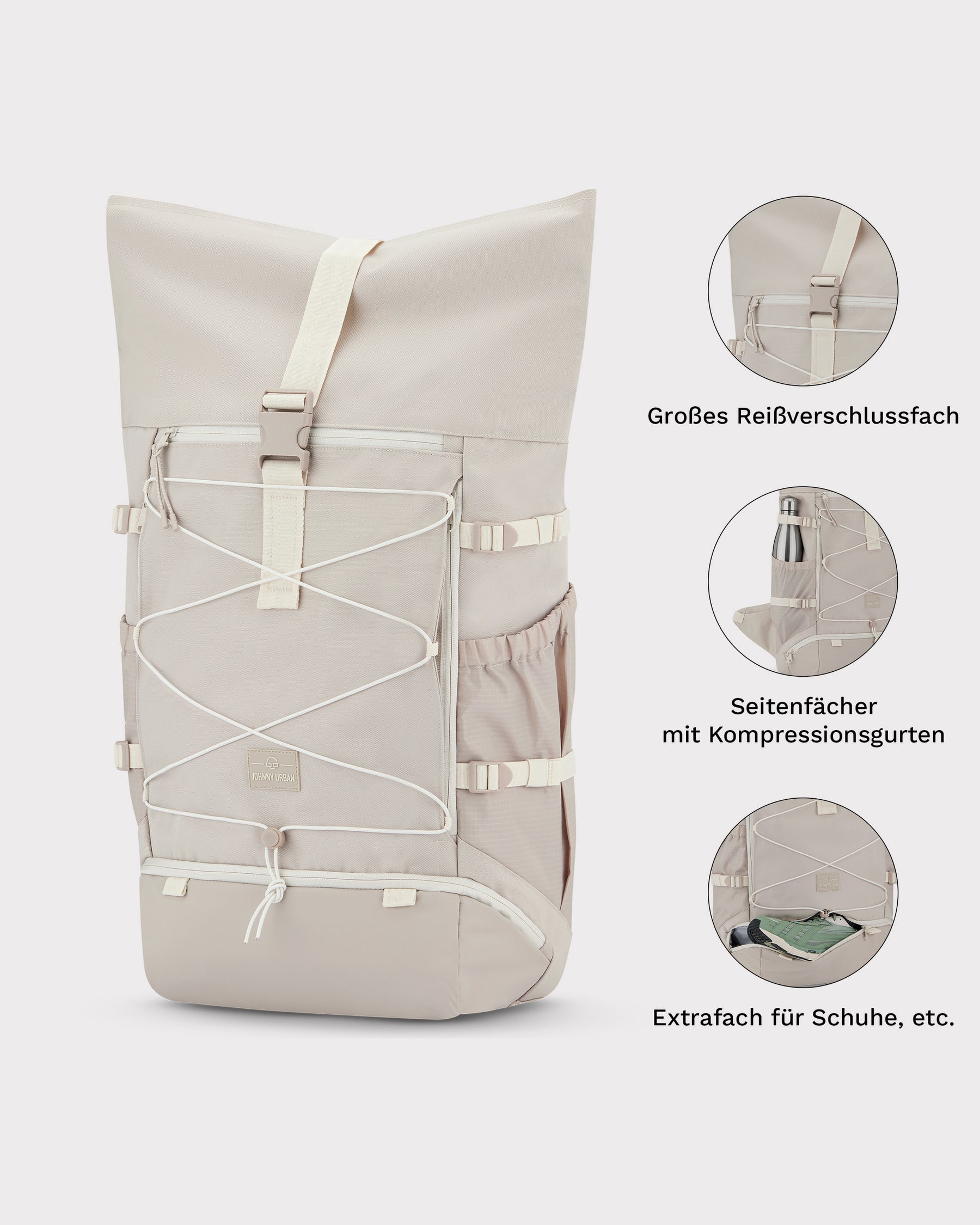 Beiger Johnny Urban Reiserucksack 'Allen Large Travel' mit großem Reißverschlussfach, Seitentaschen mit Kompressionsgurten und Extrafach für Schuhe