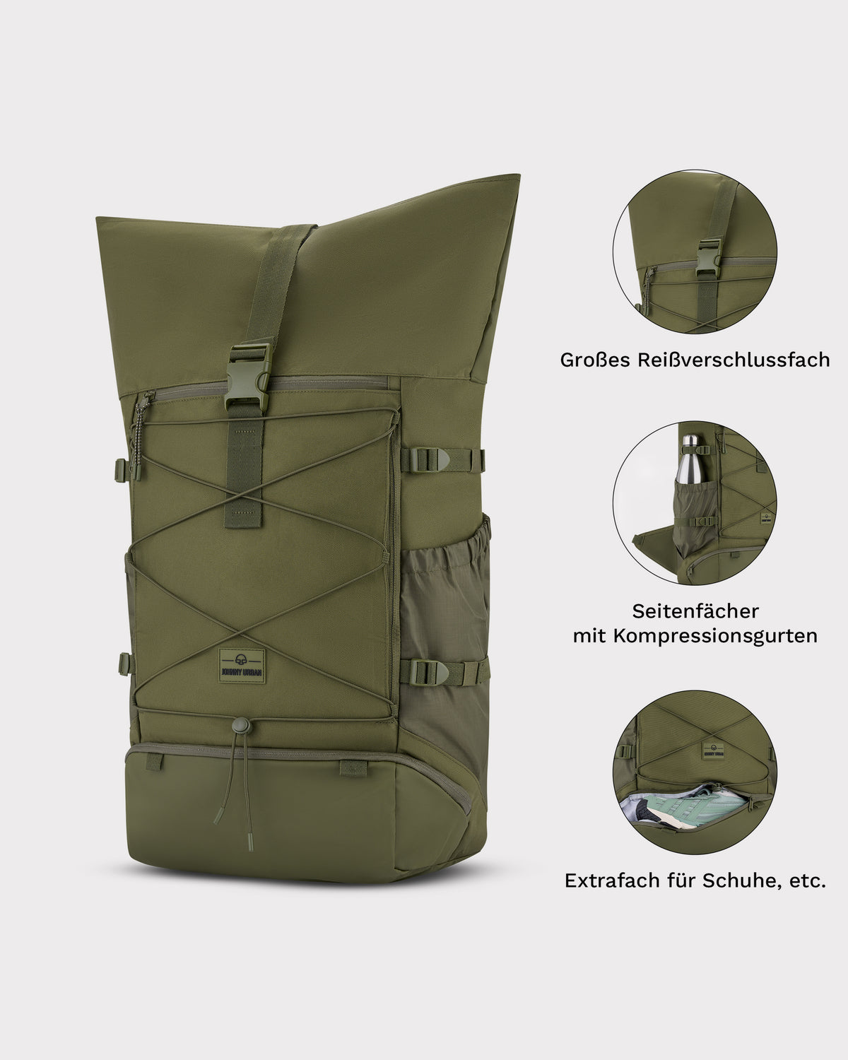 Olivegrüner Reiserucksack 'Allen Large Travel' mit großem Reißverschlussfach, seitlichen Kompressionsgurten und separatem Schuhfach