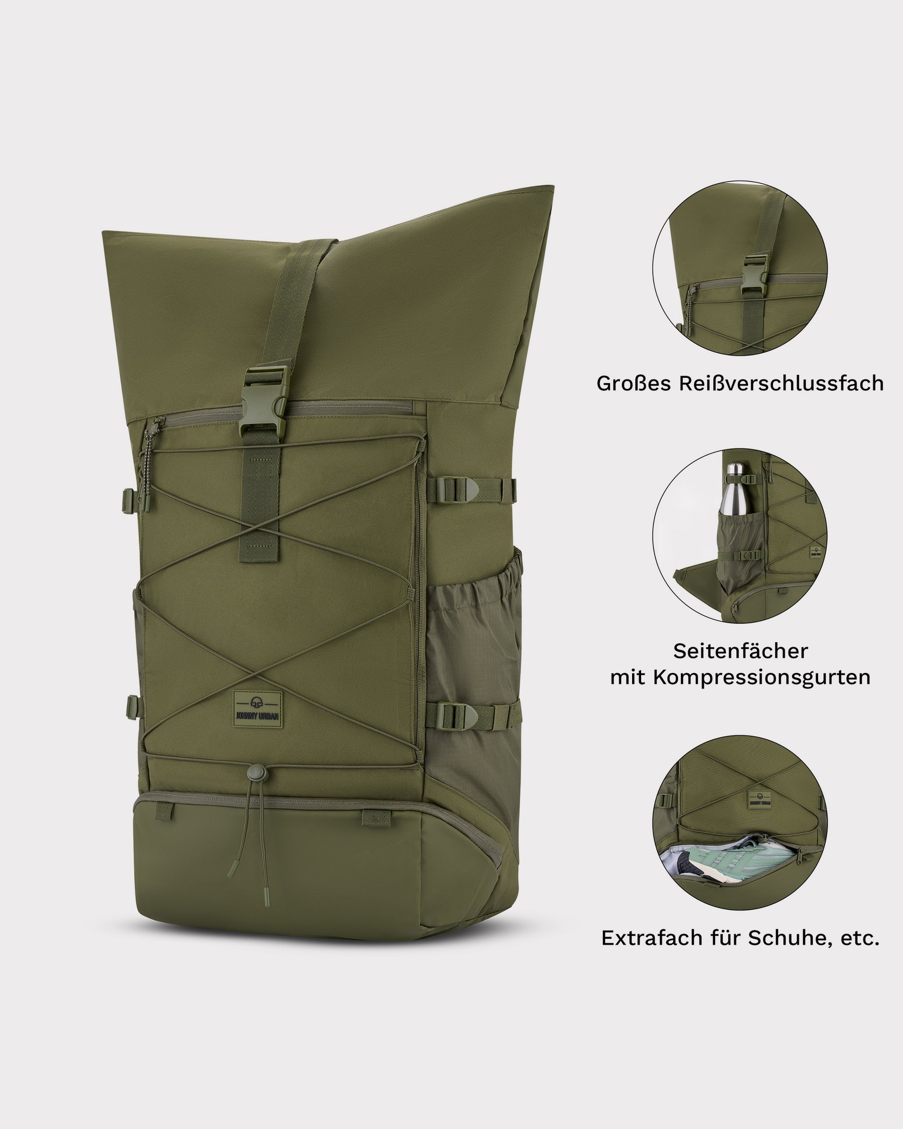 Olivegrüner Reiserucksack 'Allen Large Travel' mit großem Reißverschlussfach, seitlichen Kompressionsgurten und separatem Schuhfach