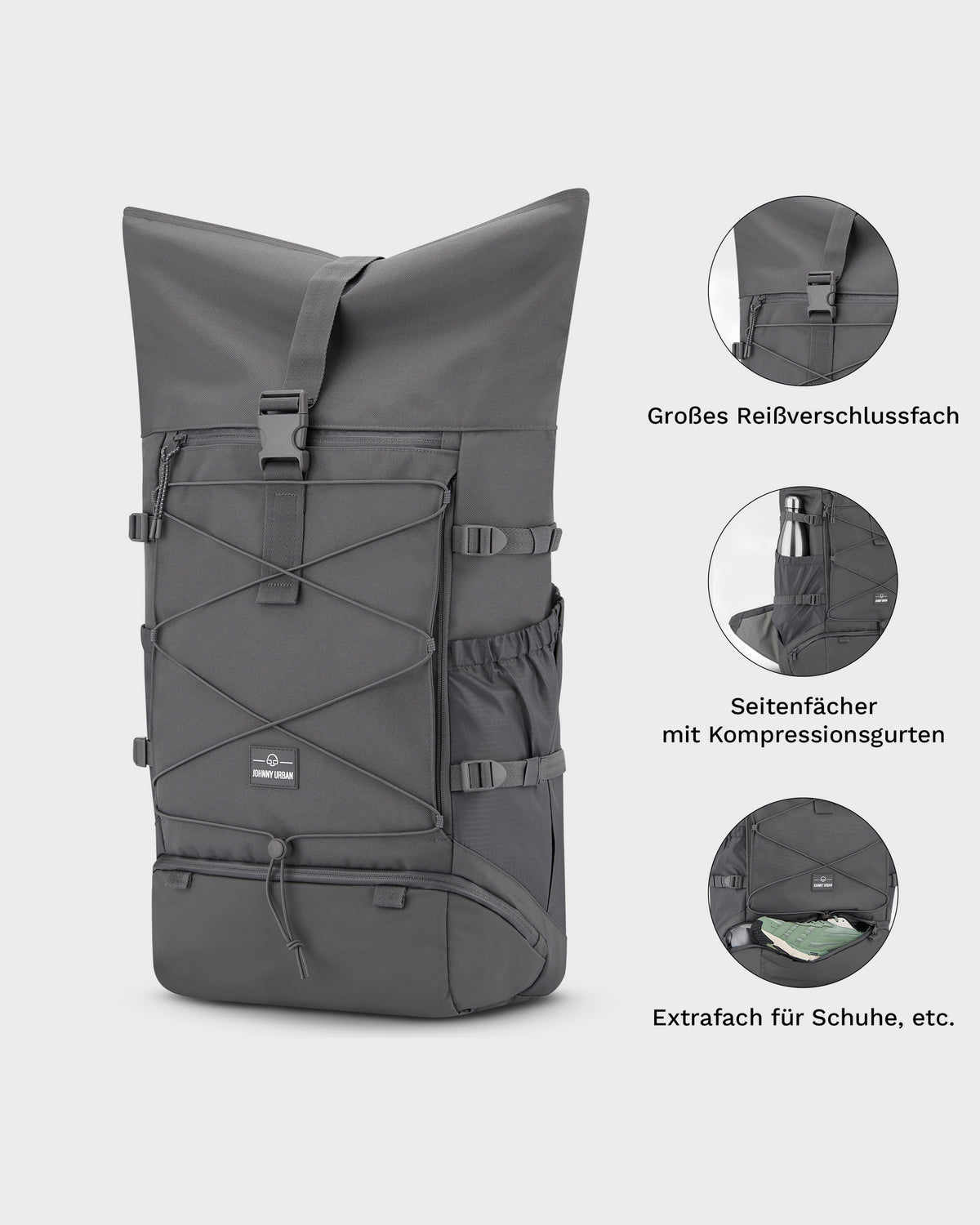 Grauer Reiserucksack 'Allen Large Travel' von Johnny Urban mit großem Reißverschlussfach, Seitenfächern und extra Schuhfach