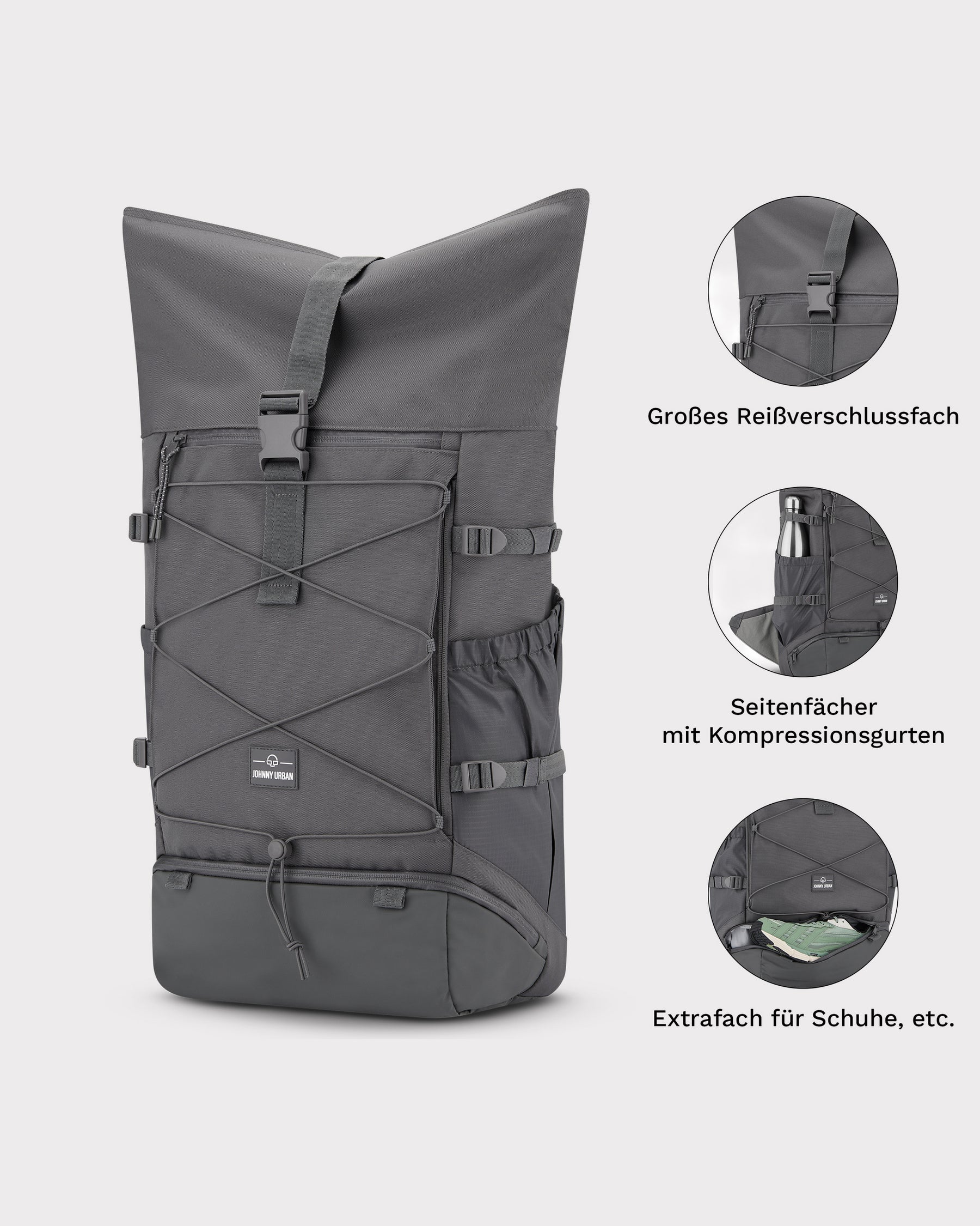 Grauer Reiserucksack 'Allen Large Travel' von Johnny Urban mit großem Reißverschlussfach, Seitenfächern und extra Schuhfach