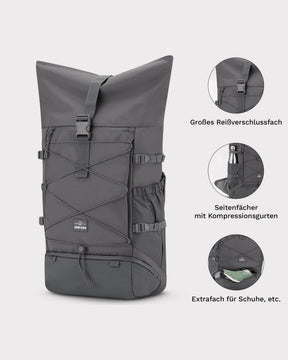 Grauer Reiserucksack 'Allen Large Travel' von Johnny Urban mit großem Reißverschlussfach, Seitenfächern und extra Schuhfach