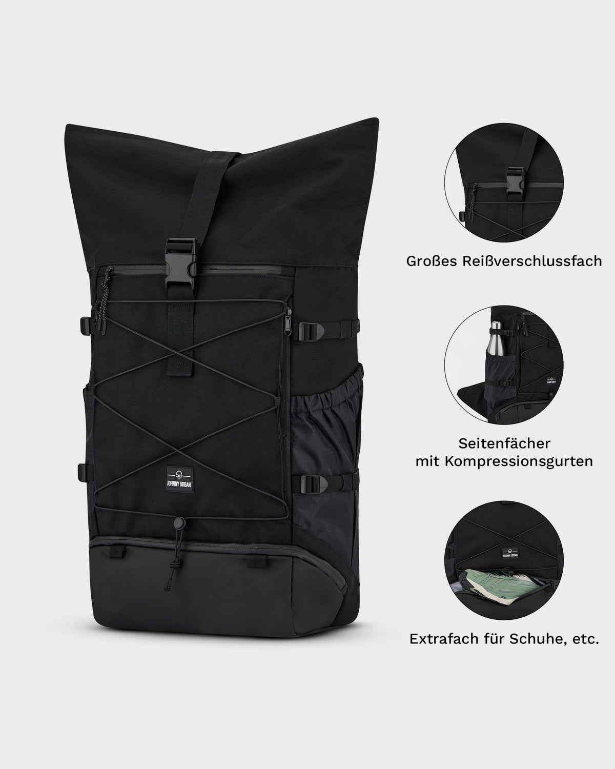 Schwarzer Reiserucksack Allen Large Travel mit Reißverschlussfach oben, Seitenfach mit Kompressionsgurten und extra Fach für Schuhe