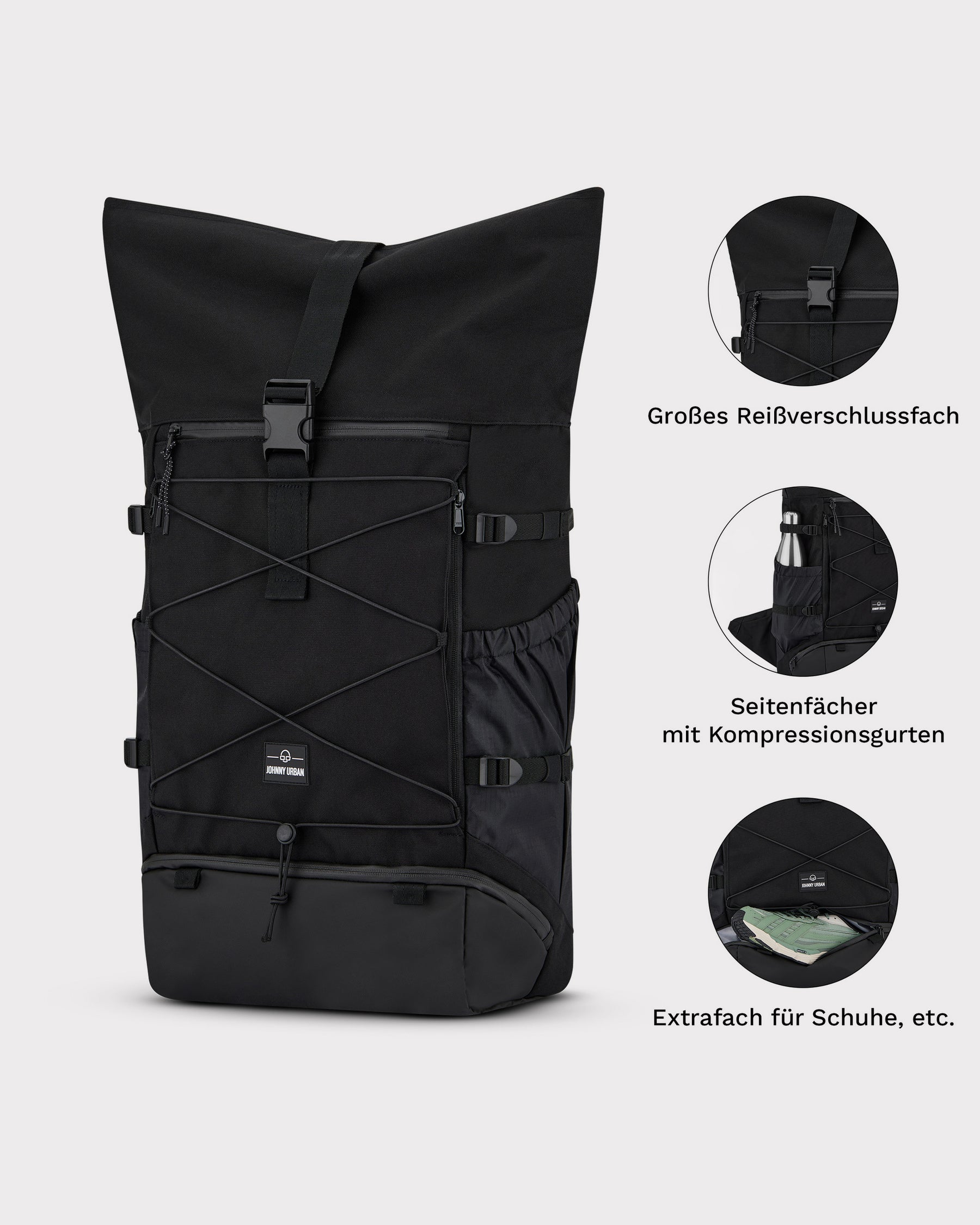Schwarzer Reiserucksack Allen Large Travel mit Reißverschlussfach oben, Seitenfach mit Kompressionsgurten und extra Fach für Schuhe