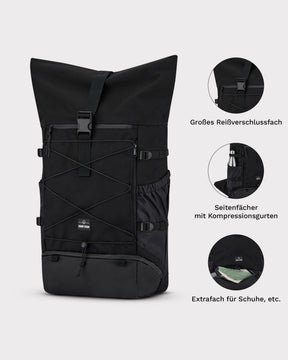 Schwarzer Reiserucksack Allen Large Travel mit Reißverschlussfach oben, Seitenfach mit Kompressionsgurten und extra Fach für Schuhe