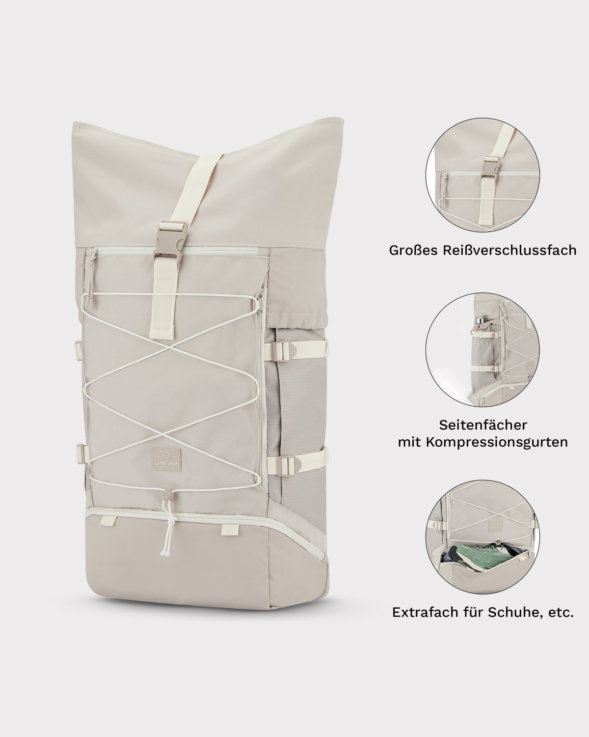Beiger Johnny Urban Reiserucksack Allen XL Travel mit vielen Fächern, Kompressionsgurten und separatem Schuhfach