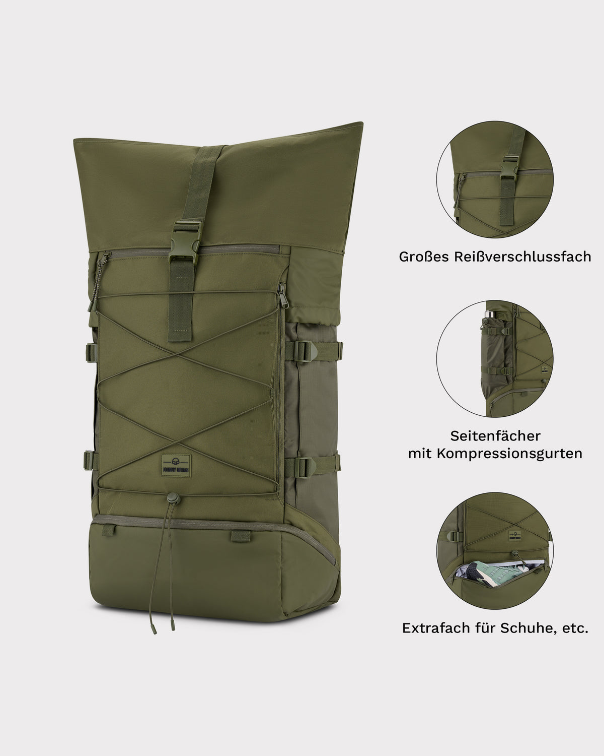 Olivefarbener Reiserucksack Johnny Urban Allen XL Travel mit großem Reißverschlussfach, Seitenfächern mit Kompressionsgurten und Extrafach für Schuhe