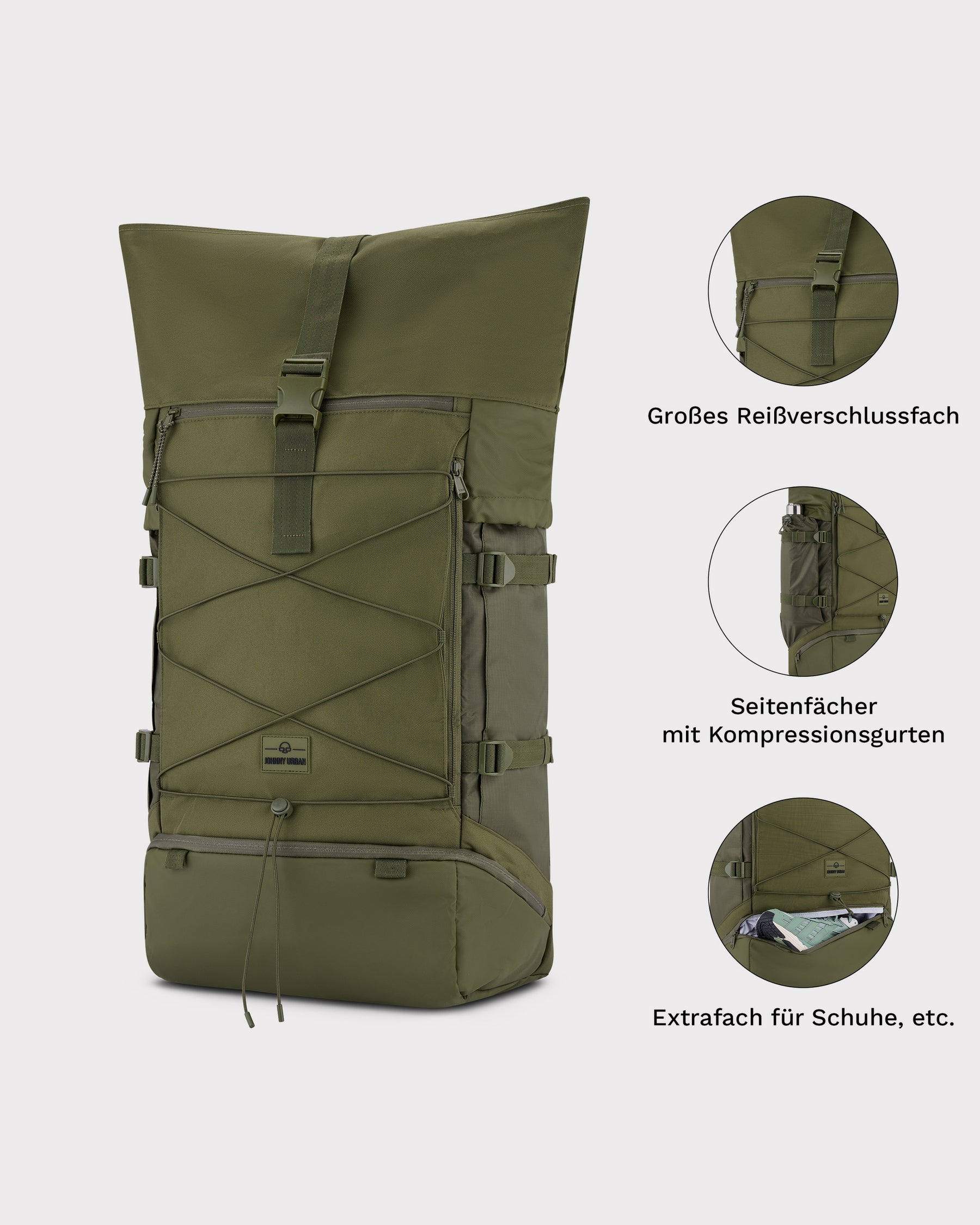 Olivefarbener Reiserucksack Johnny Urban Allen XL Travel mit großem Reißverschlussfach, Seitenfächern mit Kompressionsgurten und Extrafach für Schuhe