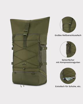 Olivefarbener Reiserucksack Johnny Urban Allen XL Travel mit großem Reißverschlussfach, Seitenfächern mit Kompressionsgurten und Extrafach für Schuhe