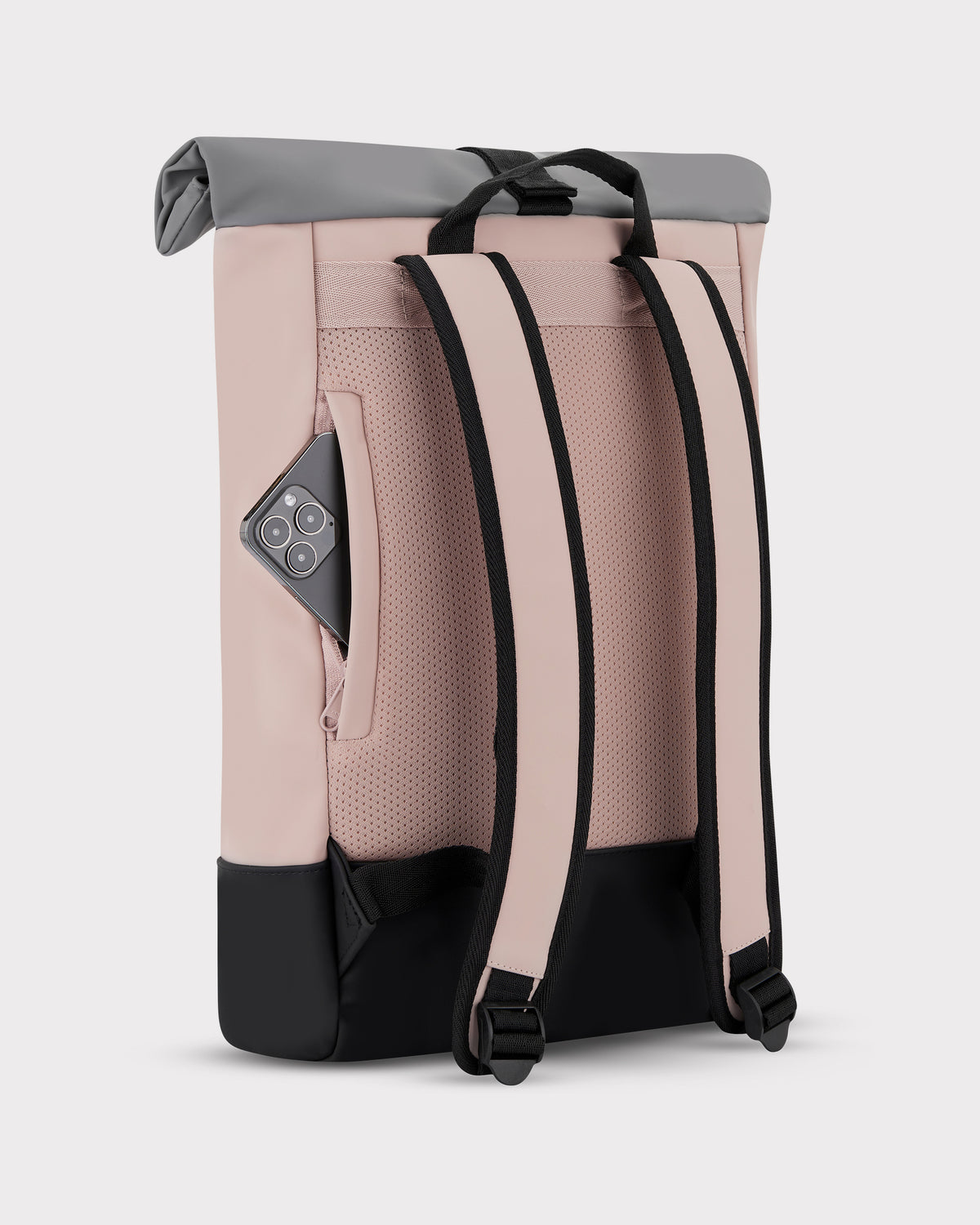 Rolltop Rucksack Harvey Medium in rosa, grau und schwarz, mit gepolsterten Trägern und seitlicher Tasche mit Smartphone
