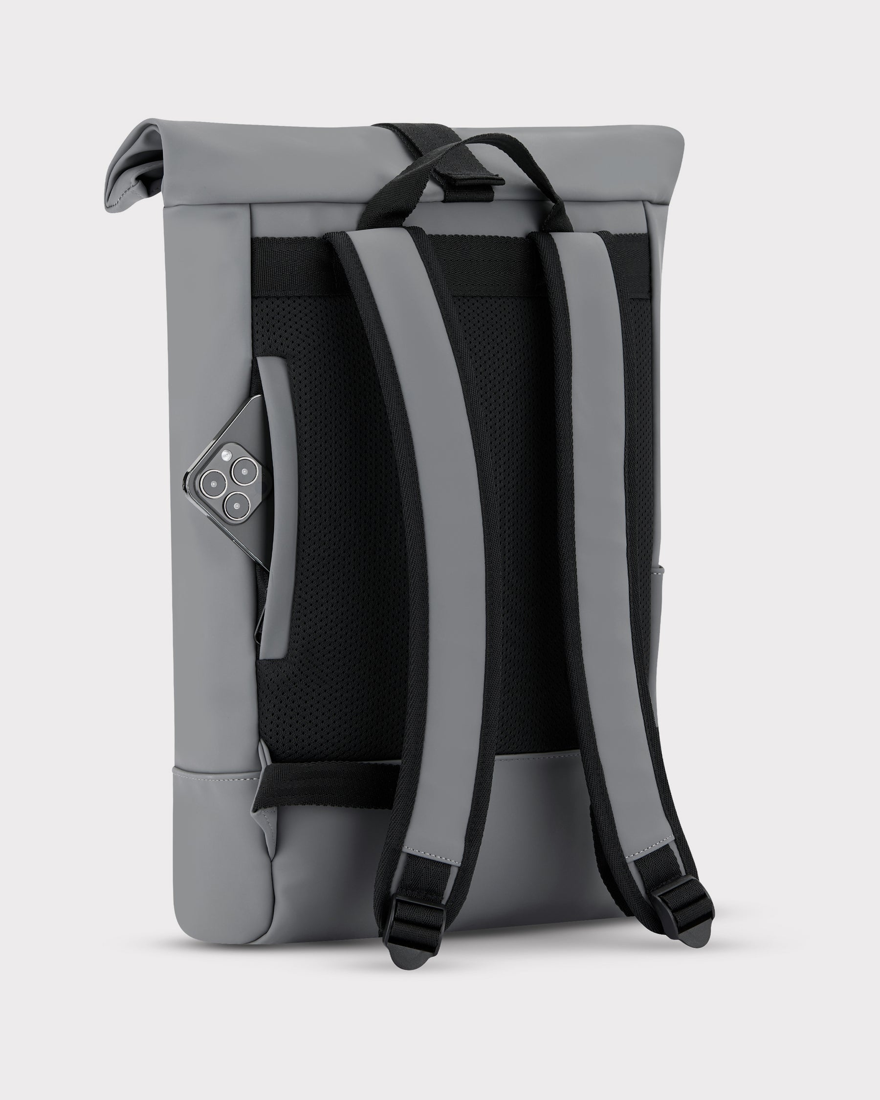Rolltop Rucksack Harvey Medium in modernem Grau mit schwarzem Rückenpolster und Schultergurten, seitliche Tasche mit Smartphone