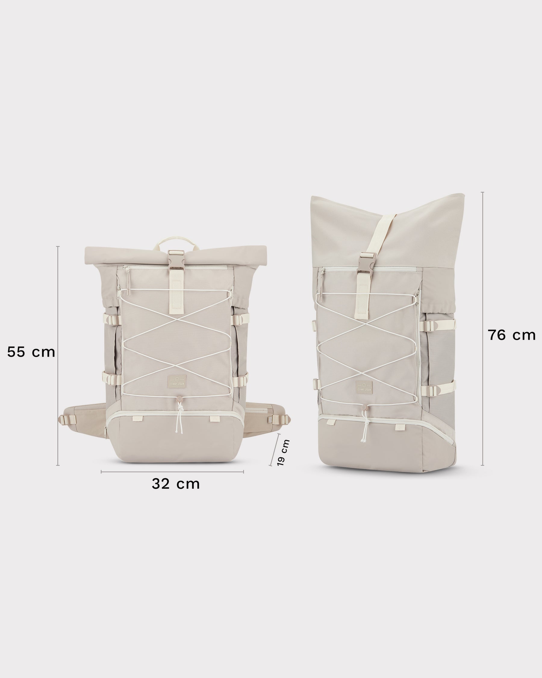 Beiger Johnny Urban Reiserucksack 'Allen XL Travel' mit Rolltop, 55 cm und 76 cm Höhe, 32 cm Breite, 19 cm Tiefe