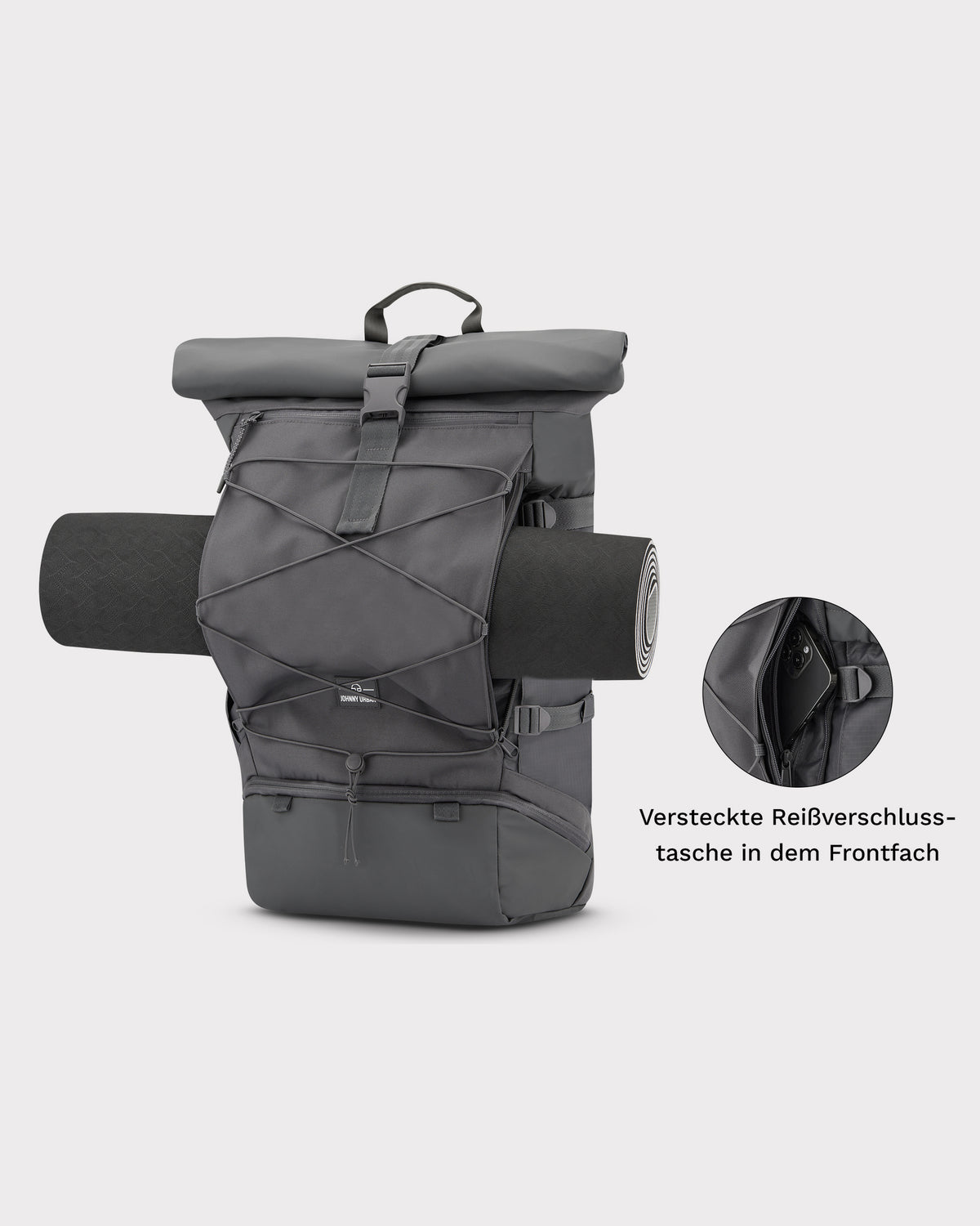 Johnny Urban Reiserucksack Allen XL Travel in Dunkelgrau mit Rolltop, elastischem Frontfach und versteckter Reißverschlusstasche
