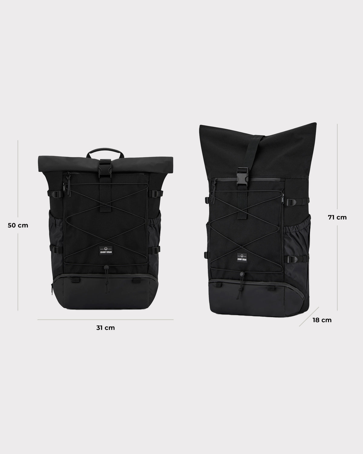Schwarzer Rolltop-Reiserucksack 'Allen Large Travel' von Johnny Urban, Maße 31x50x18 cm, erweiterbar auf 71 cm