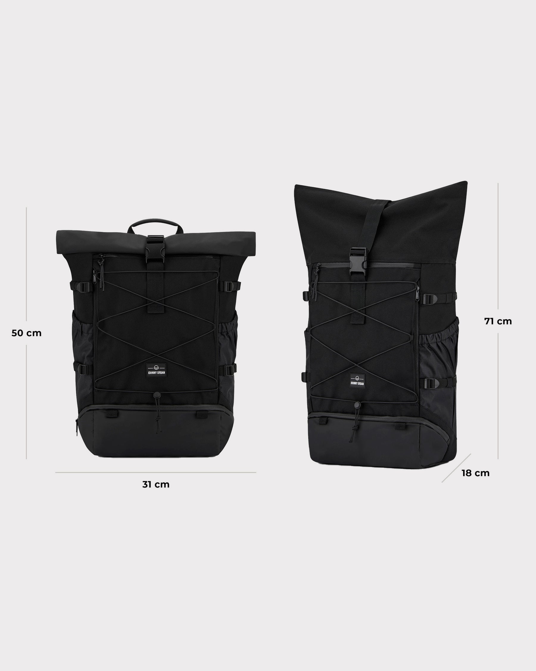 Schwarzer Rolltop-Reiserucksack 'Allen Large Travel' von Johnny Urban, Maße 31x50x18 cm, erweiterbar auf 71 cm