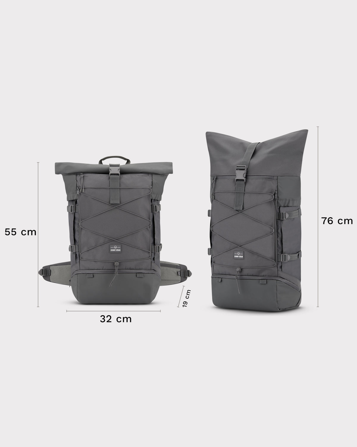 Dunkelgrauer Johnny Urban Reiserucksack Allen XL Travel mit Rolltop in zwei Größen, Maße: 55x32x19 cm und 76x32x19 cm