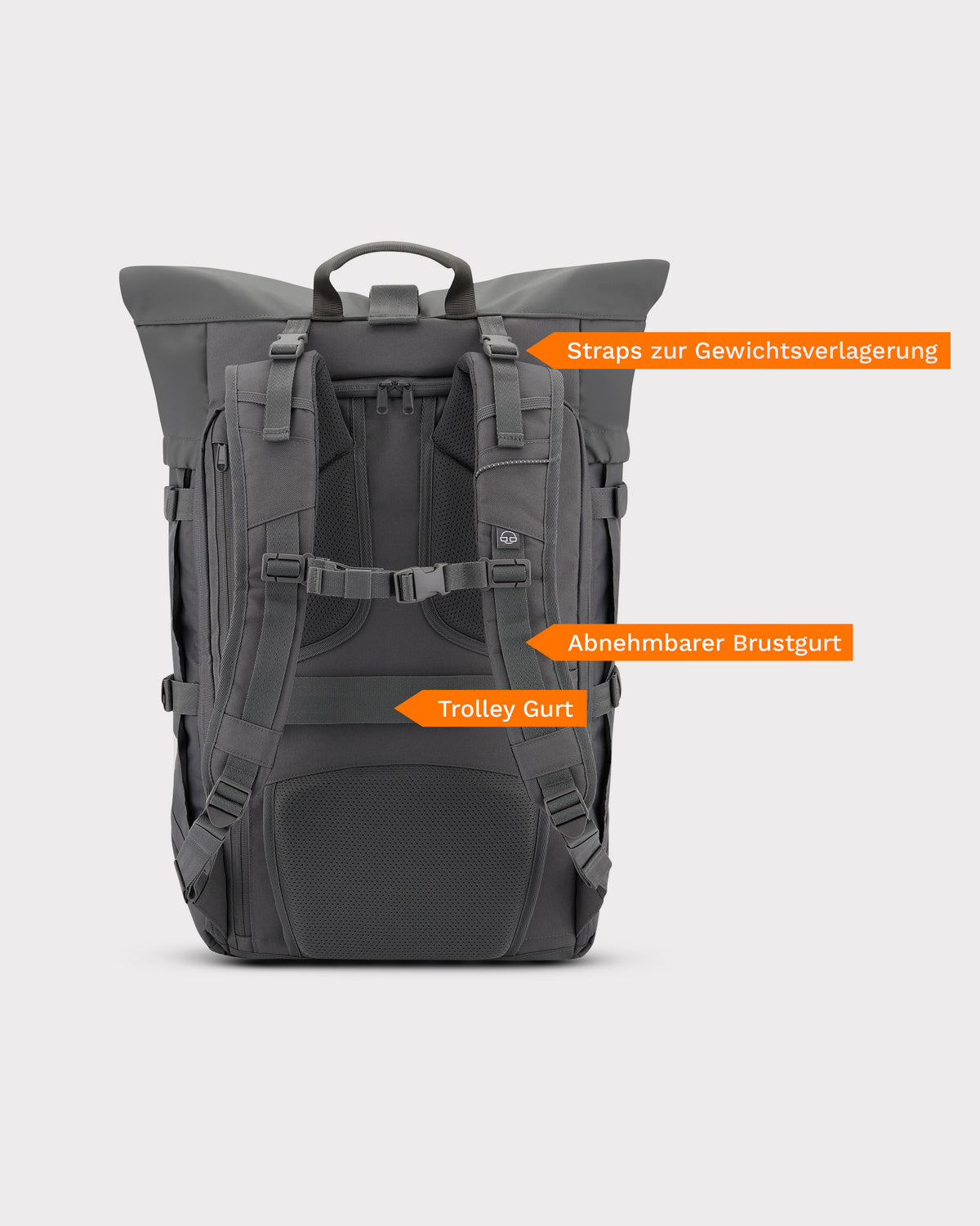 Sicht auf die Rückseite des grauen Reiserucksacks Allen XL Travel mit verstellbaren Trägern und Gepäckgurten