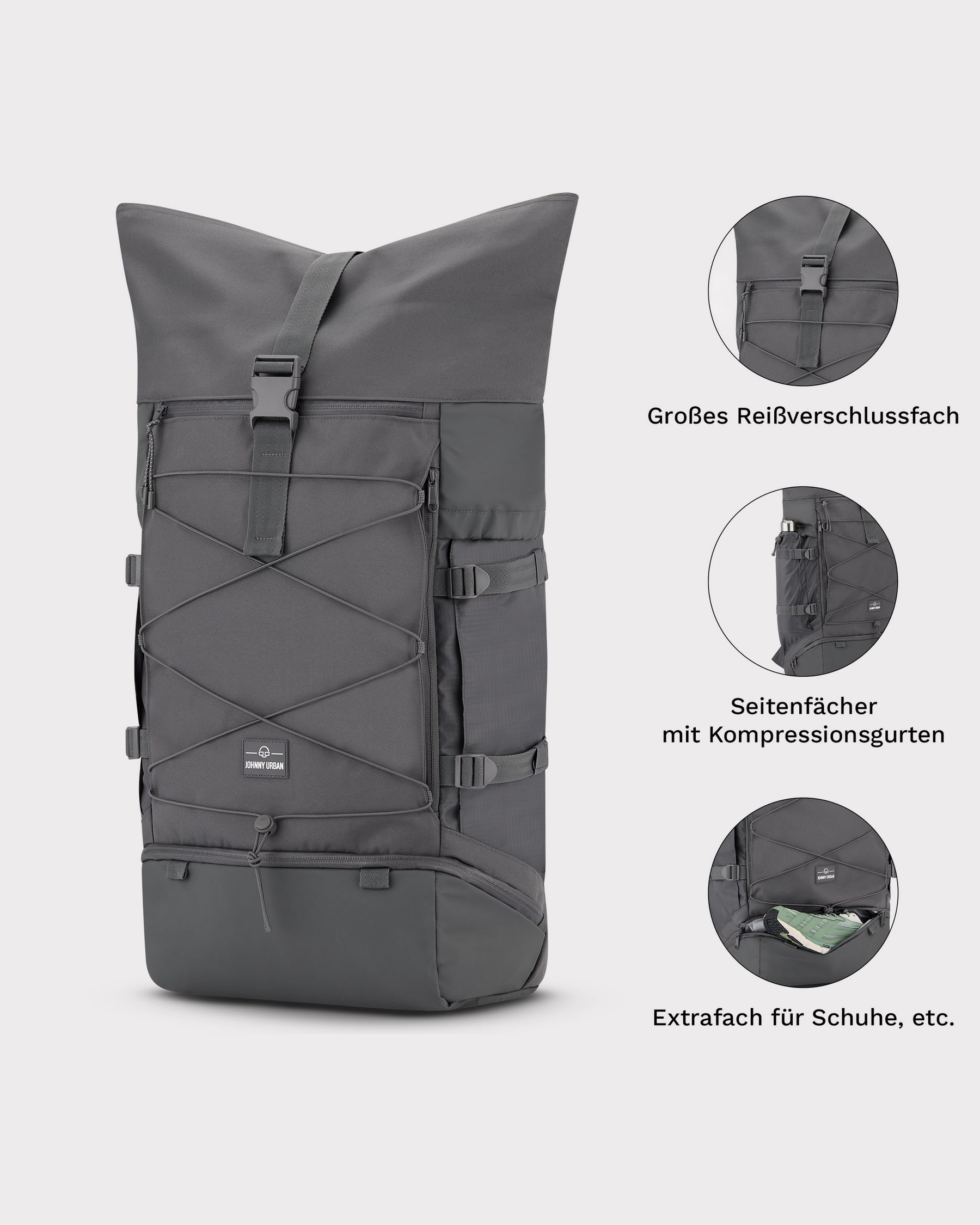Grauer Johnny Urban Reiserucksack 'Allen XL Travel' mit großem Reißverschlussfach, Seitenfächern und Extrafach für Schuhe