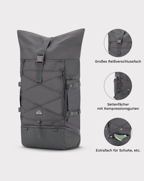 Grauer Johnny Urban Reiserucksack 'Allen XL Travel' mit großem Reißverschlussfach, Seitenfächern und Extrafach für Schuhe