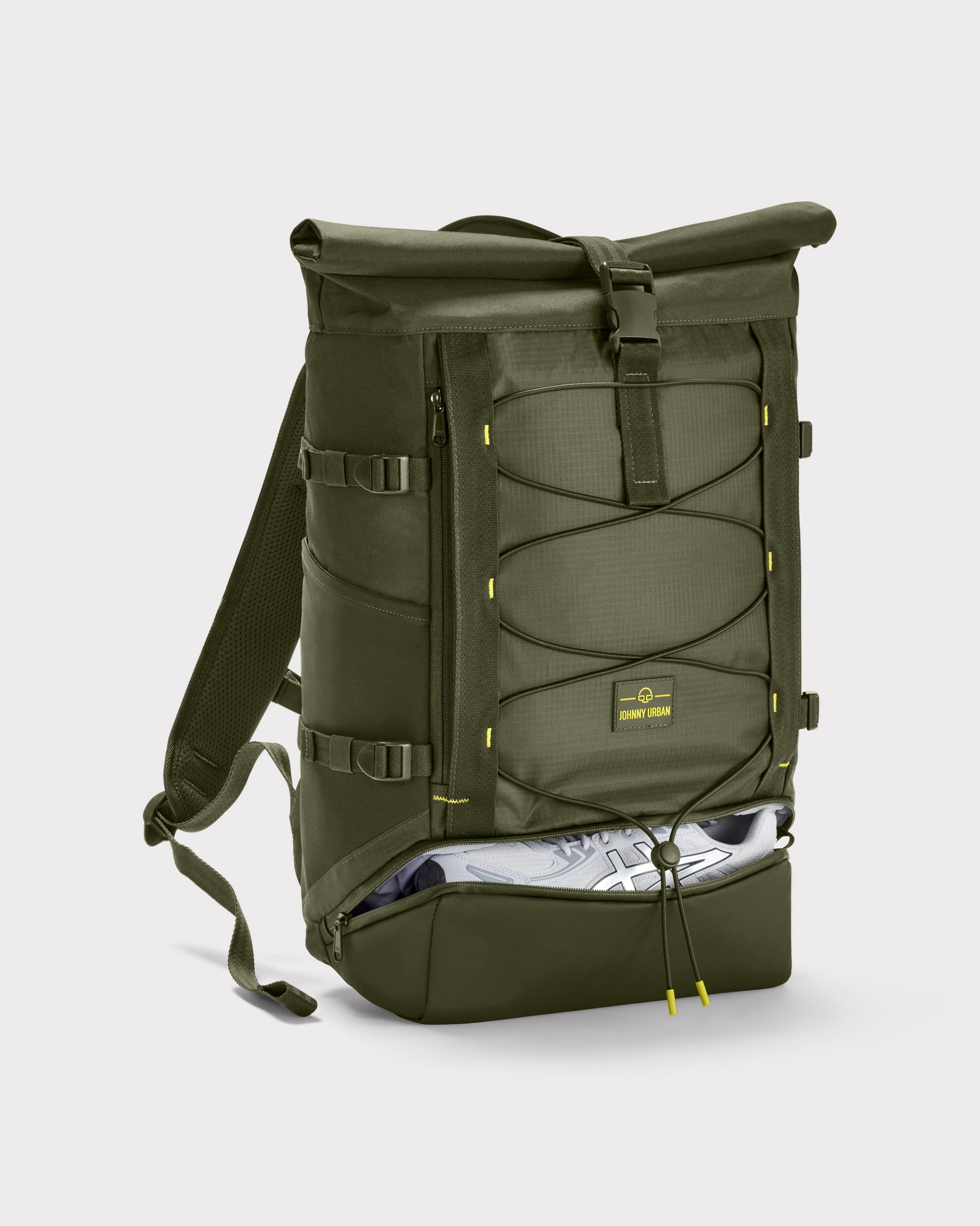 Olivefarbener Rolltop Rucksack 'Allen Large Move' mit Schuhfach, Schnallenverschluss und elastischem Frontnetz von Johnny Urban