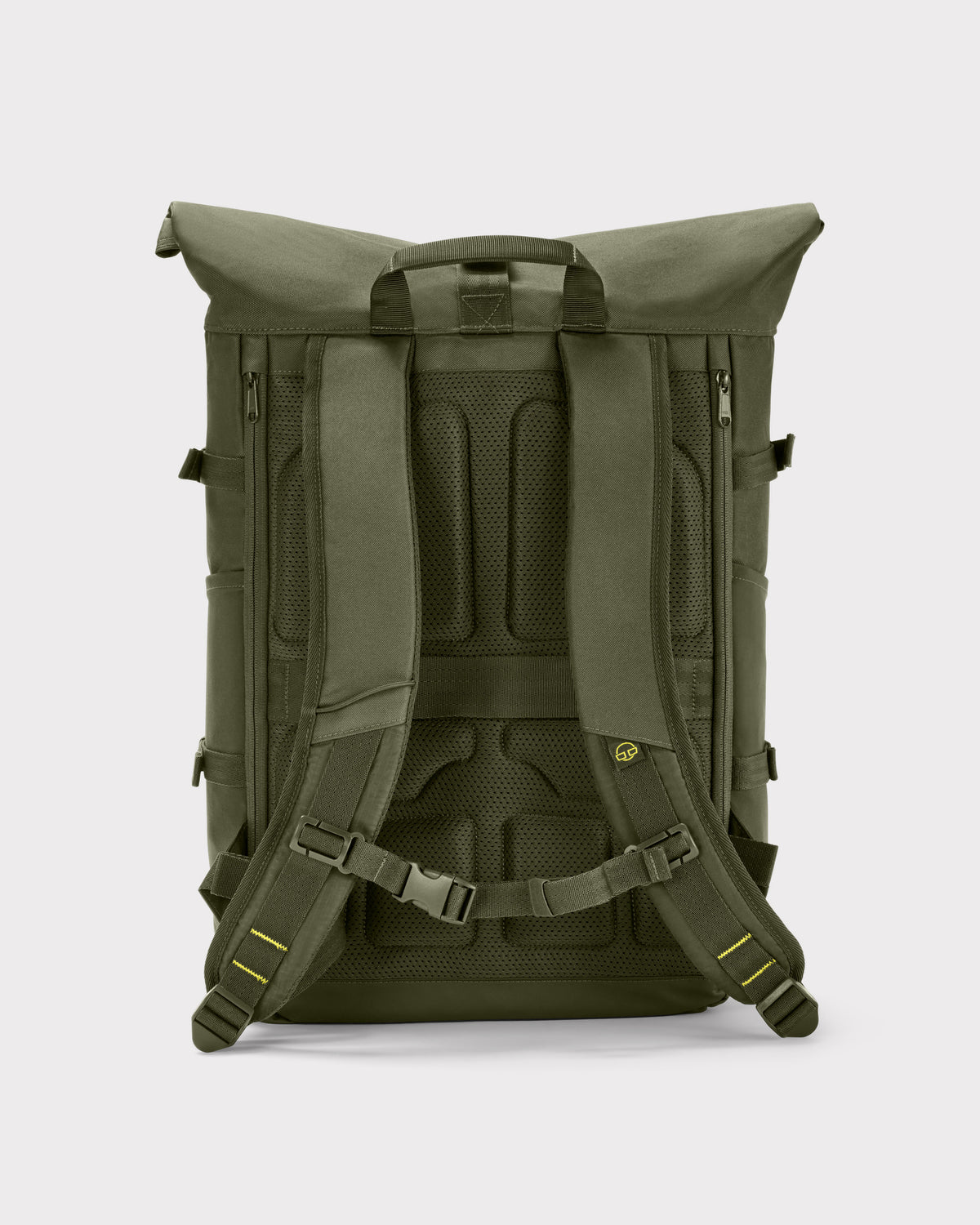 Rückseite des olivgrünen Rolltop-Rucksacks Allen Large Move mit gepolsterten, verstellbaren Trägern und ergonomischem Rückenpolster