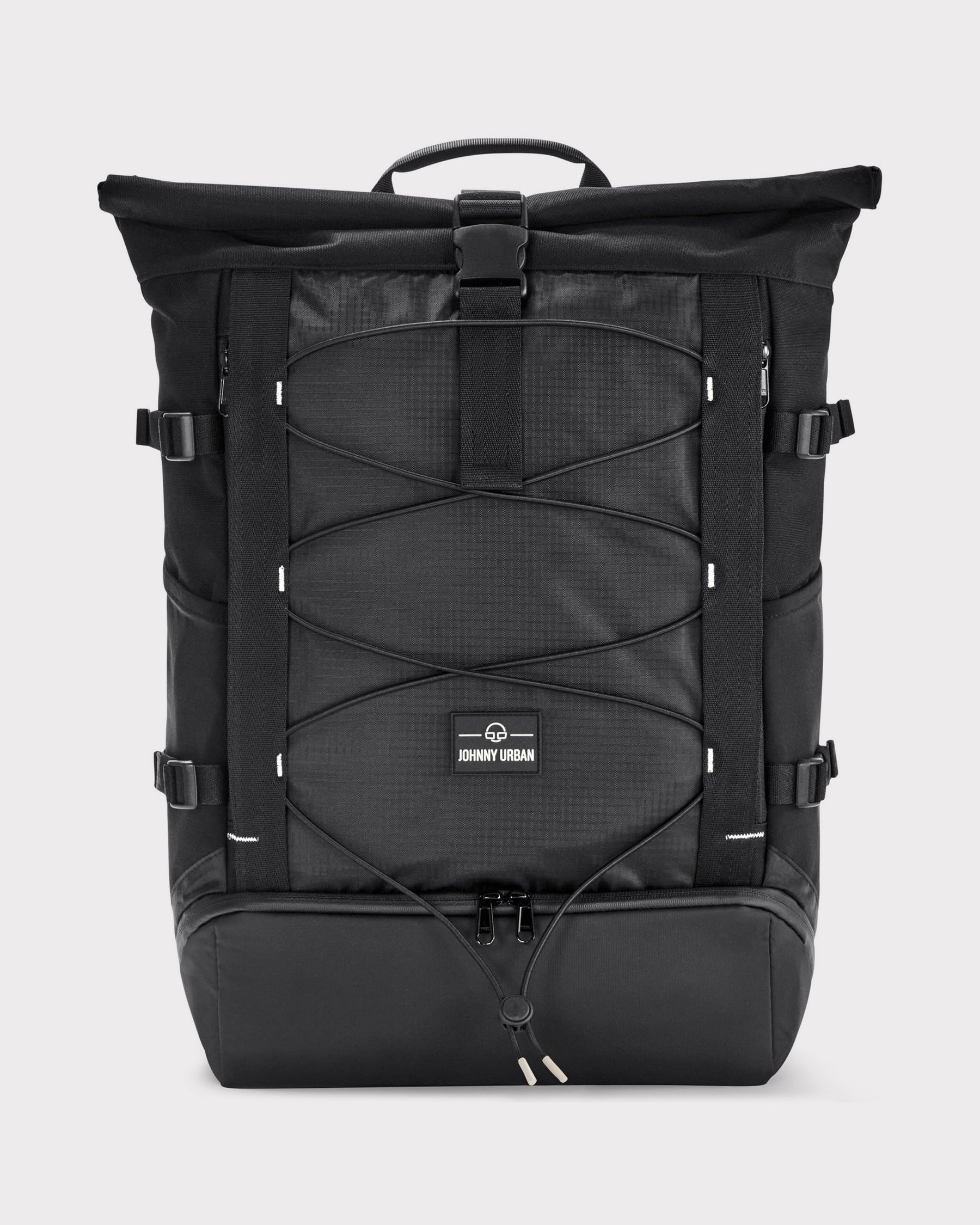 Schwarzer Rolltop-Rucksack 'Allen Large Move' von Johnny Urban mit Kordelzug und Reißverschlussfach unten