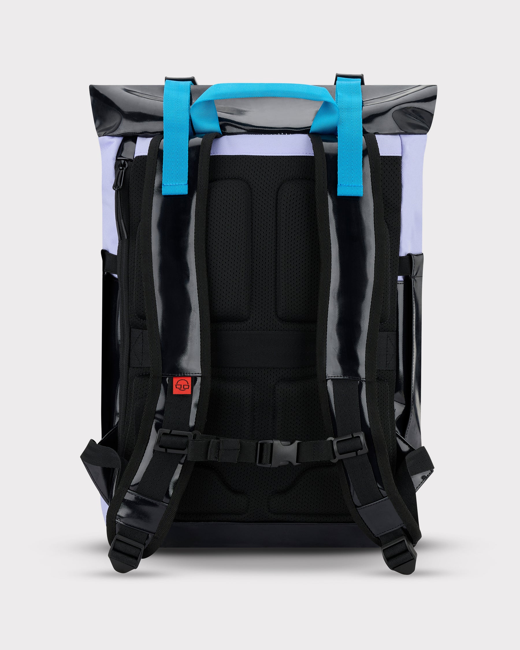 Rolltop Rucksack Ashton mit gepolstertem, atmungsaktivem Rückenteil, schwarzen verstellbaren Gurten und blauen Tragegriffen