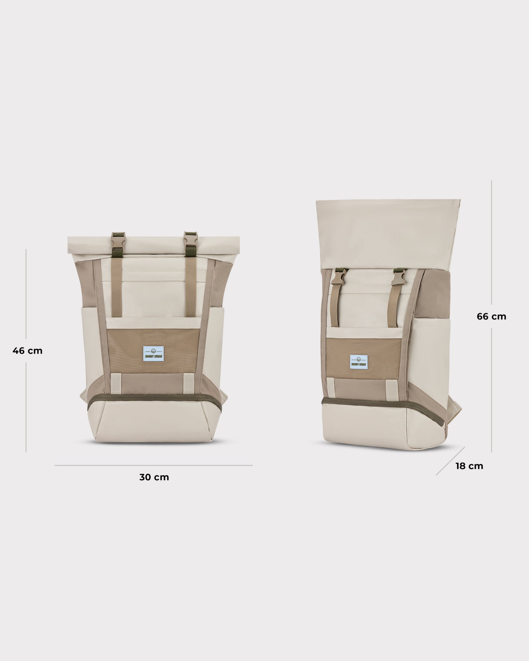 Beiger Rolltop-Rucksack 'Ashton' von Johnny Urban mit Maßen 46x30x18 cm, erweiterbar auf 66 cm Höhe