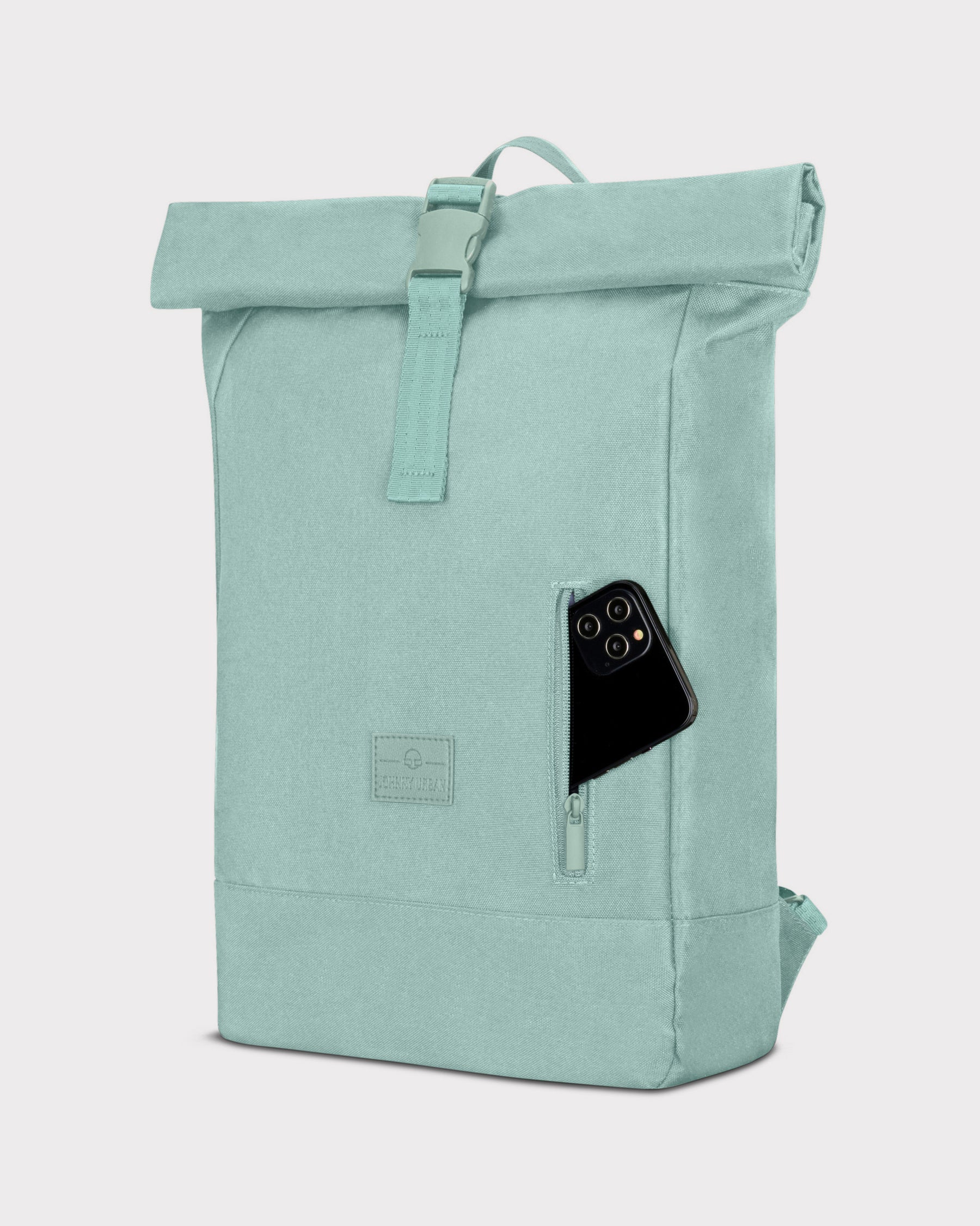 Mintfarbener Rolltop Rucksack 'Robin Medium' mit seitlicher Reißverschlusstasche mit Smartphone