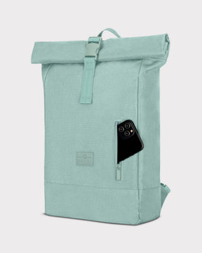 Mintfarbener Rolltop Rucksack 'Robin Medium' mit seitlicher Reißverschlusstasche mit Smartphone