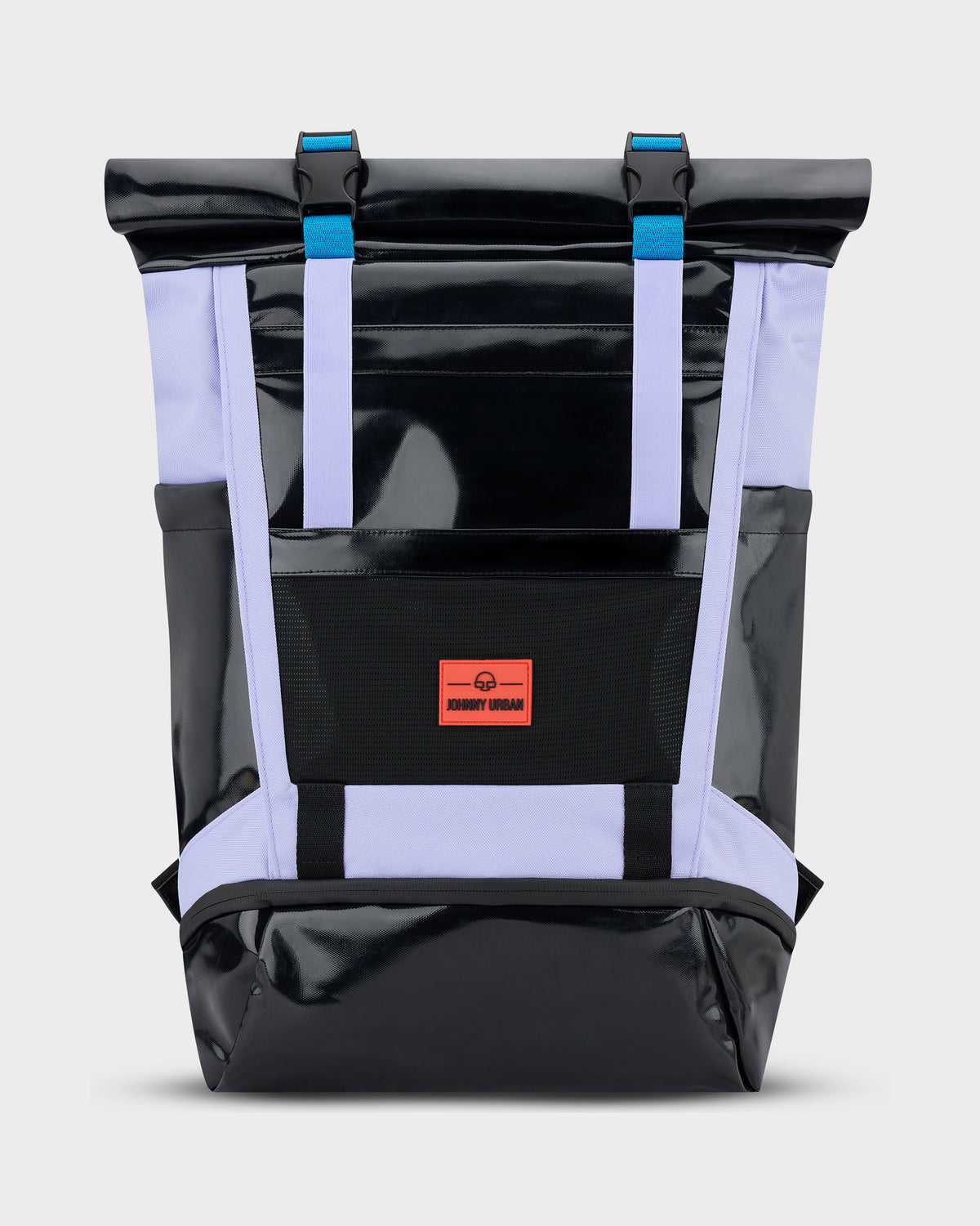 Rolltop Rucksack 'Ashton' von Johnny Urban in Schwarz und Flieder mit blauen Schnallen