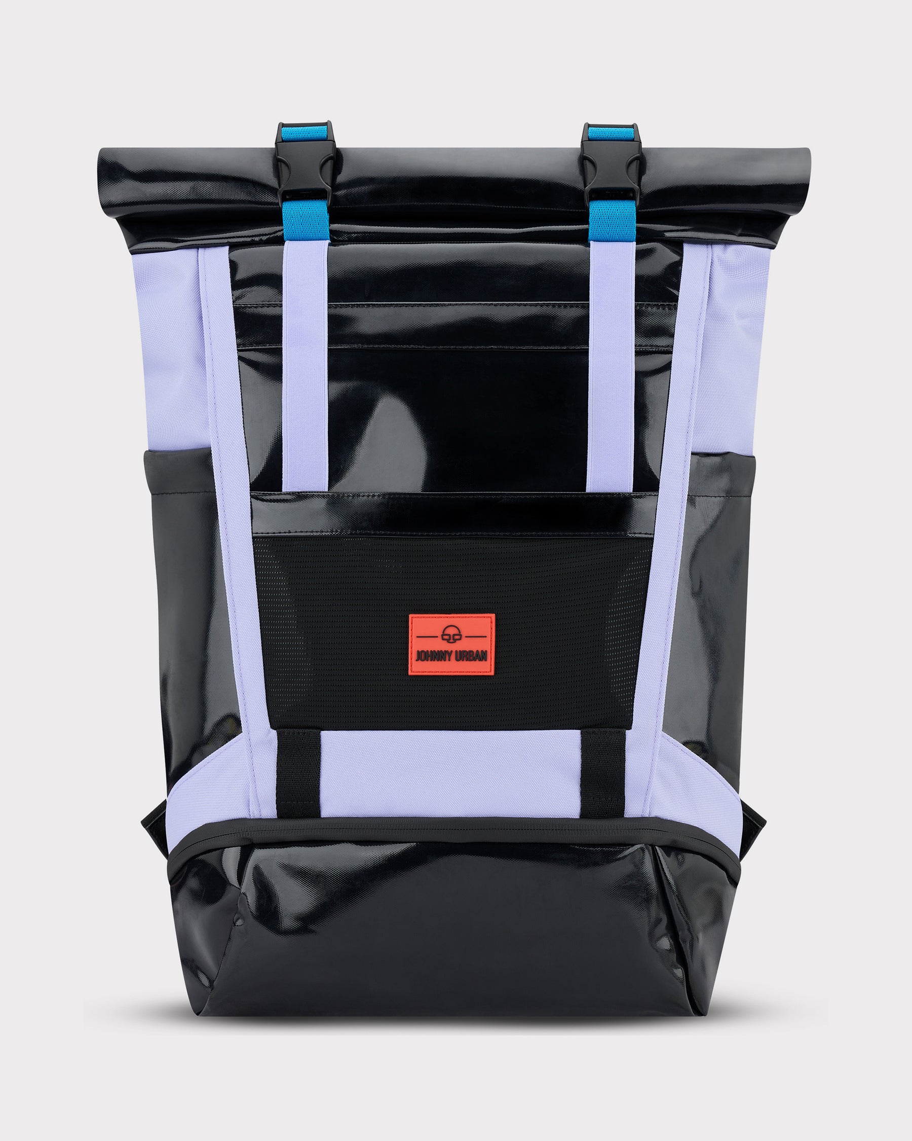 Rolltop Rucksack 'Ashton' von Johnny Urban in Schwarz und Flieder mit blauen Schnallen