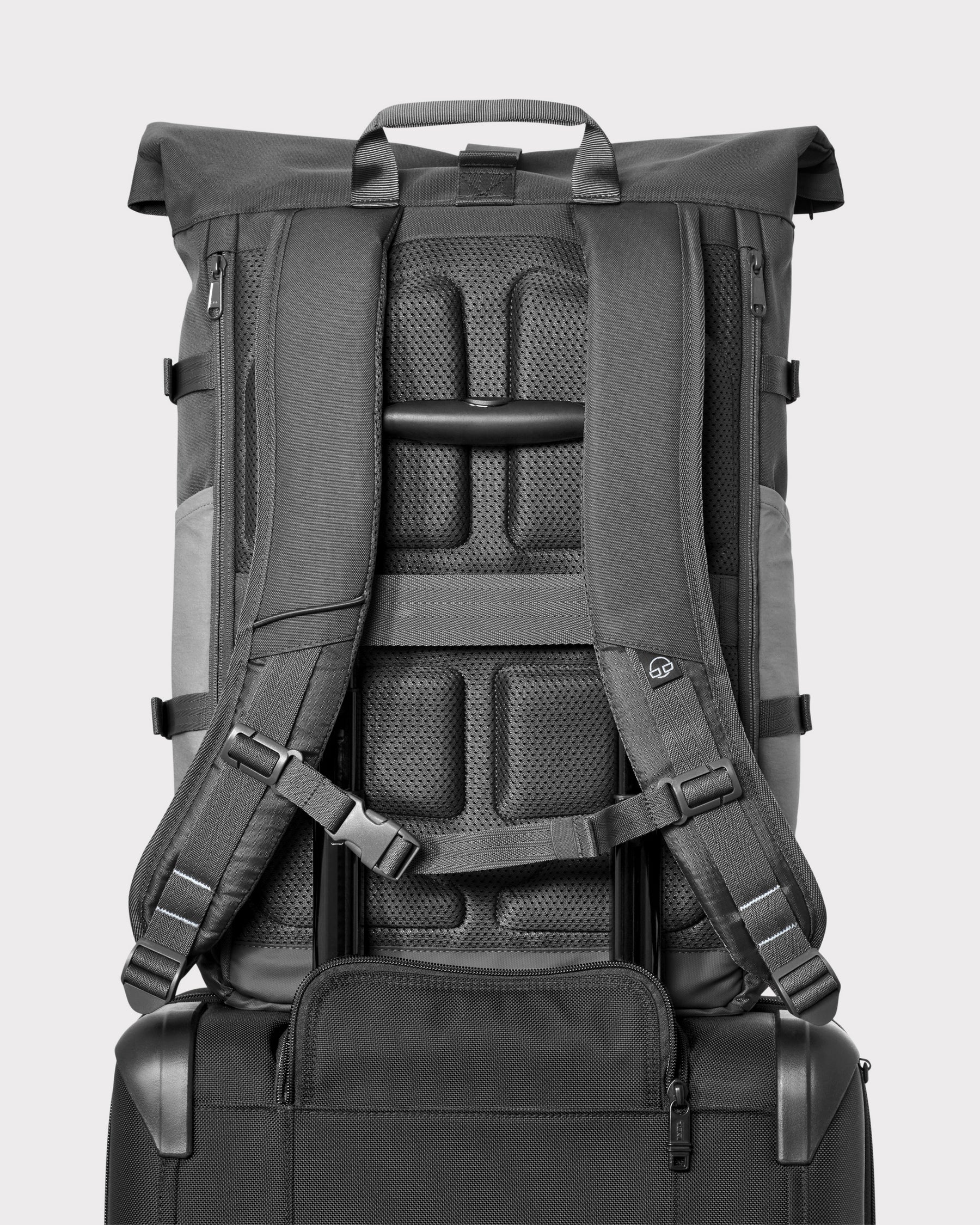 Rückansicht des grauen Rolltop-Rucksacks Allen Large Move mit gepolstertem Rücken und verstellbaren Schultergurten, befestigt an einem schwarzen Trolley-Griff