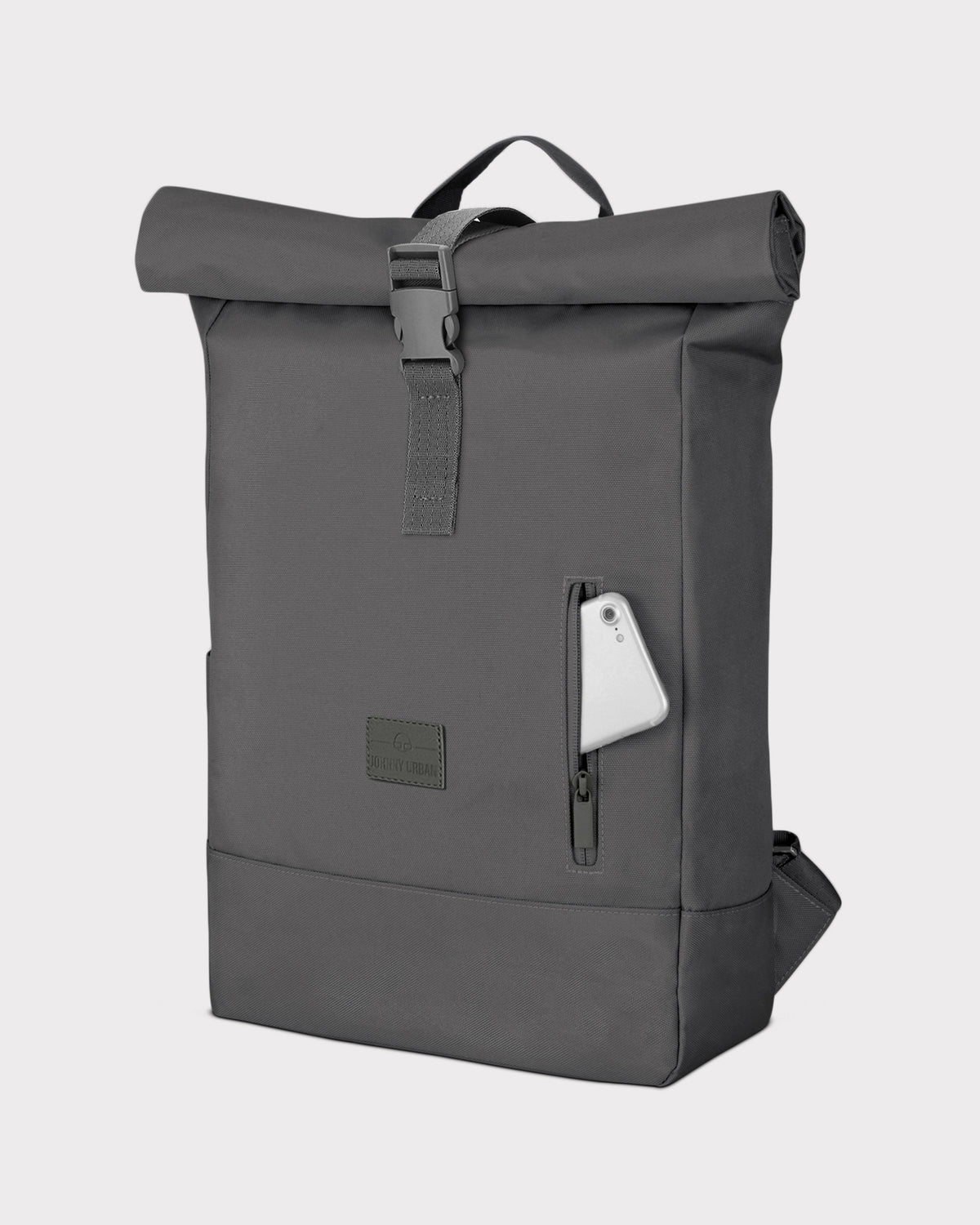 Dunkelgrauer Rolltop Rucksack 'Robin Medium' mit vertikalem Reißverschlussfach und Smartphone