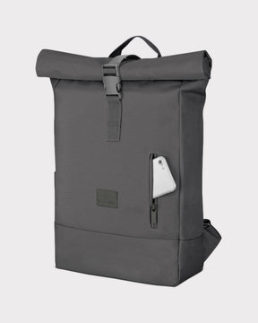 Dunkelgrauer Rolltop Rucksack 'Robin Medium' mit vertikalem Reißverschlussfach und Smartphone