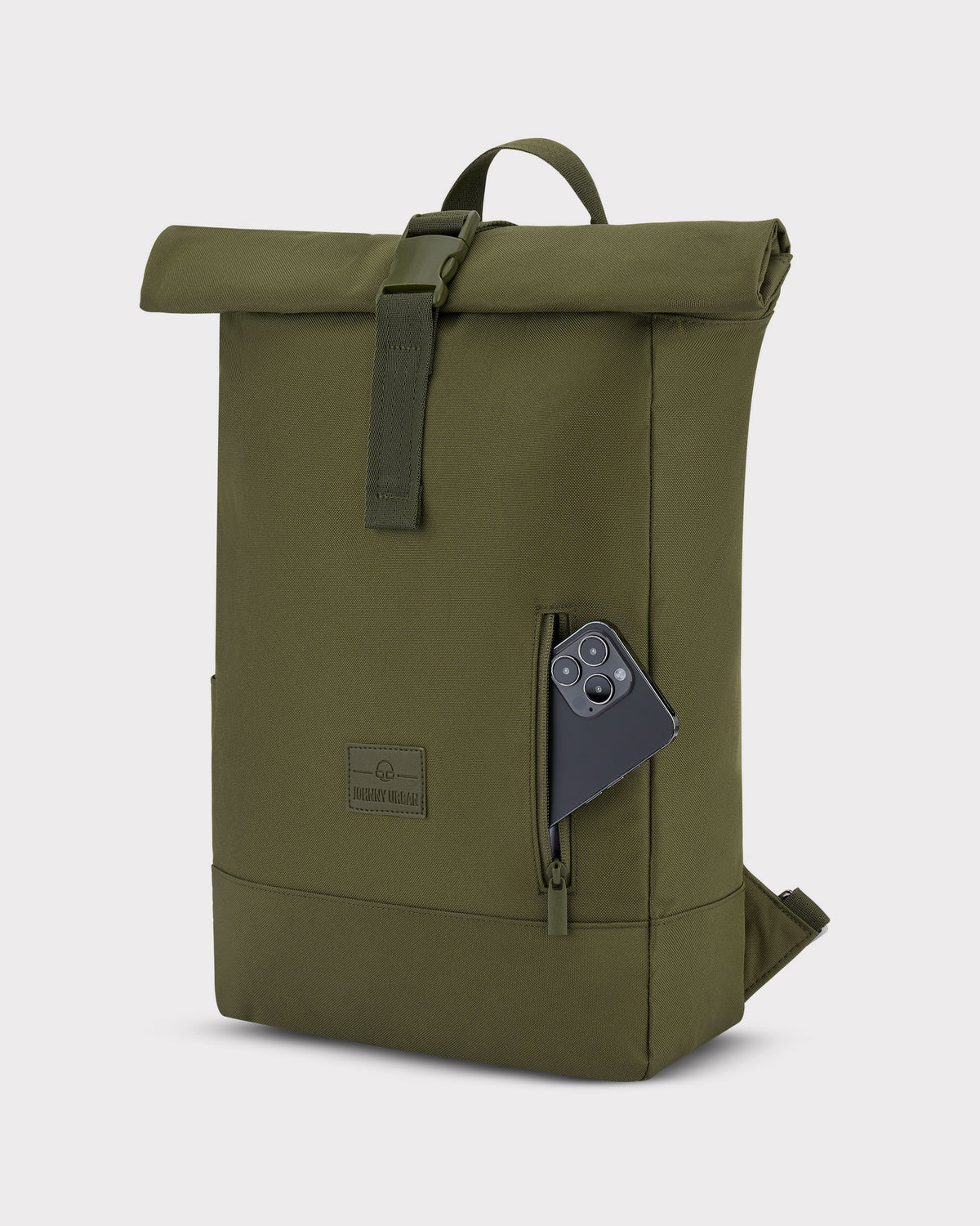 Johnny Urban Rolltop Rucksack 'Robin Medium' in Olive mit seitlicher Reißverschlusstasche und Smartphone